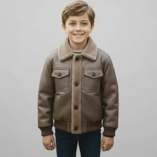 Handmade Boys Kids Shearling Leather Jacket Real Leather Warm Winter Outerwear front