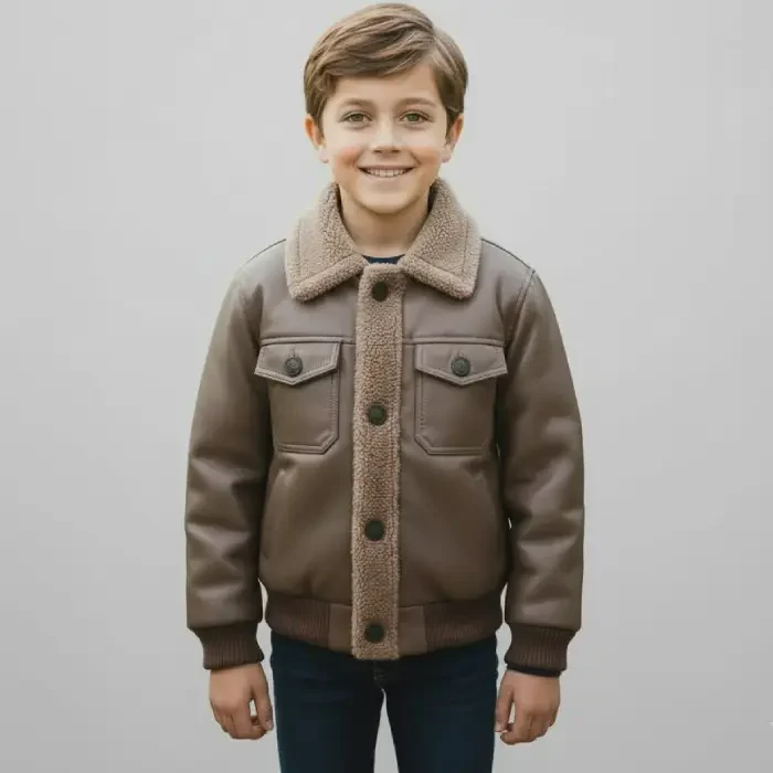 Handmade Boys Kids Shearling Leather Jacket Real Leather Warm Winter Outerwear front Handmade Boys Kids Shearling Leather Jacket Real Leather Warm Winter Outerwear front
