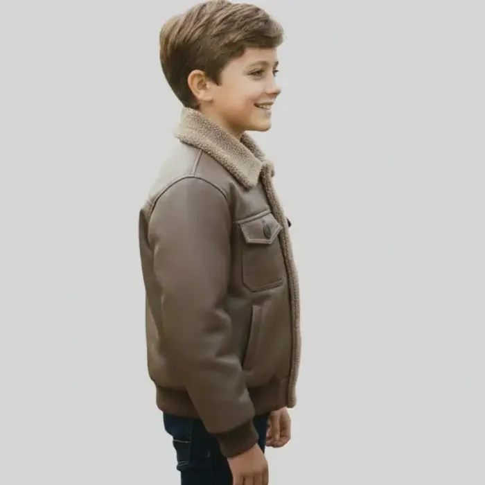 Handmade Boys Kids Shearling Leather Jacket Real Leather Warm Winter Outerwear side Handmade Boys Kids Shearling Leather Jacket Real Leather Warm Winter Outerwear side