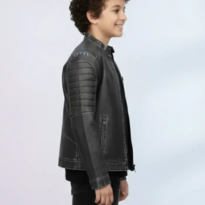 Handmade Distressed 80s Full Grain Leather Biker Jacket, Boys side