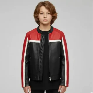 Handmade Kids Genuine Leather Biker Jacket Red & Black Racing Style front