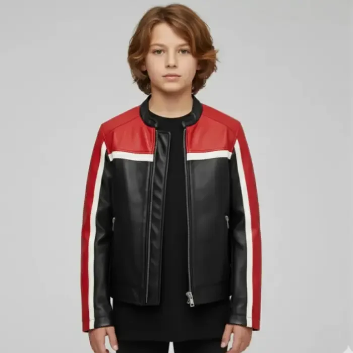 Handmade Kids Genuine Leather Biker Jacket Red & Black Racing Style front