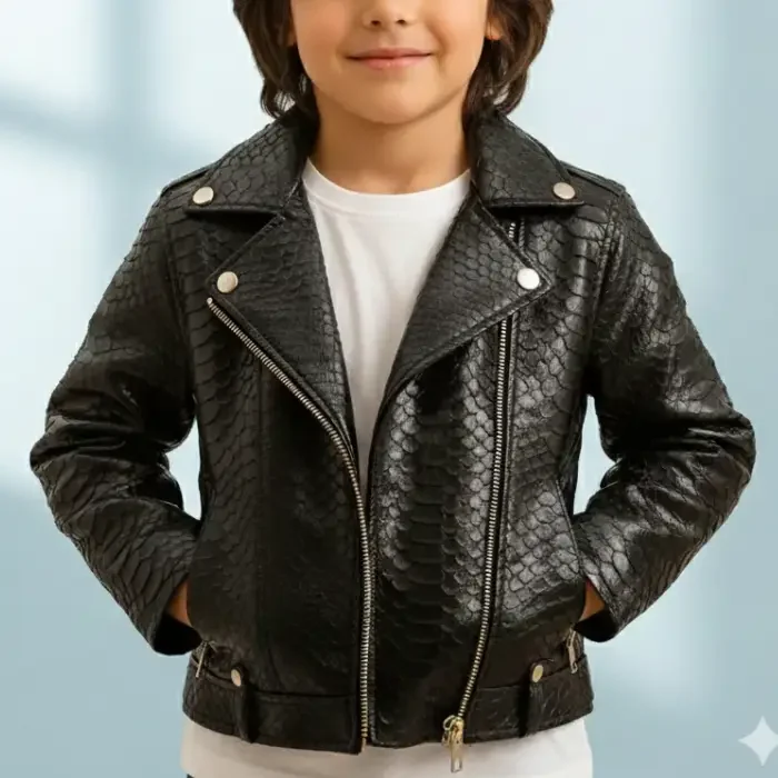 Handmade Python Leather Biker Jacket Luxury Girls Outerwear front