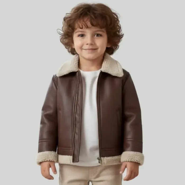 Handmade Toddler Brown Shearling Aviator Jacket front
