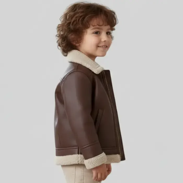Handmade Toddler Brown Shearling Aviator Jacket side