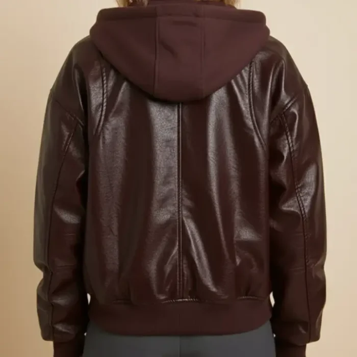 Hooded Oversized Faux Leather Bomber Jacket back Hooded Oversized Faux Leather Bomber Jacket back