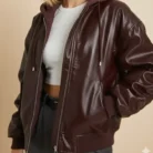 Hooded Oversized Faux Leather Bomber Jacket side