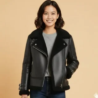 Black RAF B3 Trimmed Sheepskin Shearling Leather Biker Jacket front