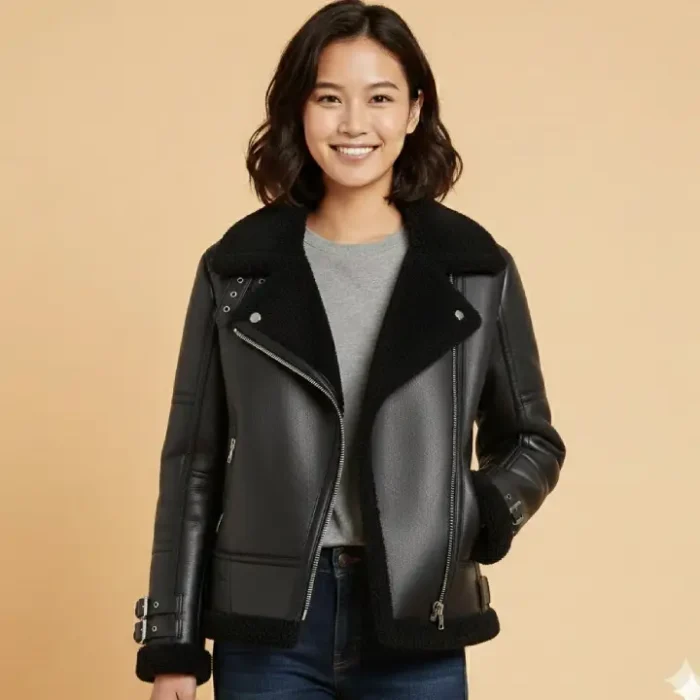 Black RAF B3 Trimmed Sheepskin Shearling Leather Biker Jacket front