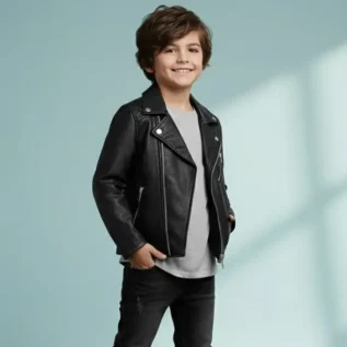 Kid Boy Black Biker Jacket Real Leather Handmade Motorcycle Style Winter Wear front