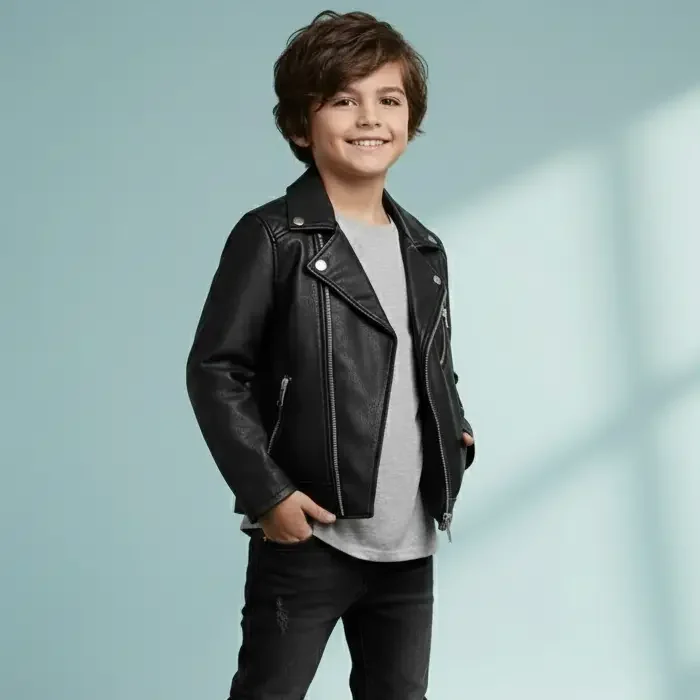 Kid Boy Black Biker Jacket Real Leather Handmade Motorcycle Style Winter Wear front Kid Boy Black Biker Jacket Real Leather Handmade Motorcycle Style Winter Wear front