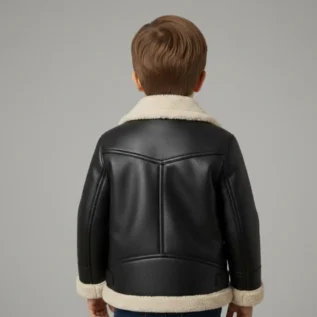 Kid Boy Black Shearling Leather Jacket Real Leather Handmade Winter Warm Outerwear back