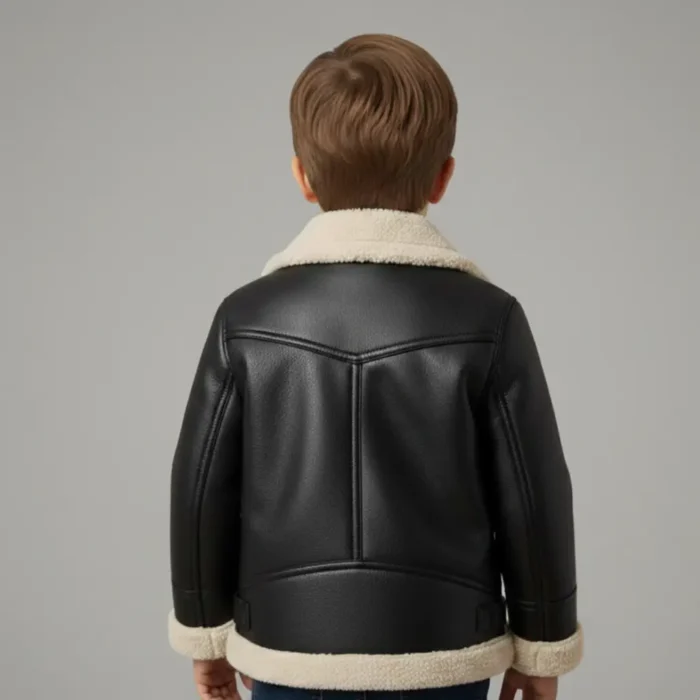 Kid Boy Black Shearling Leather Jacket Real Leather Handmade Winter Warm Outerwear back