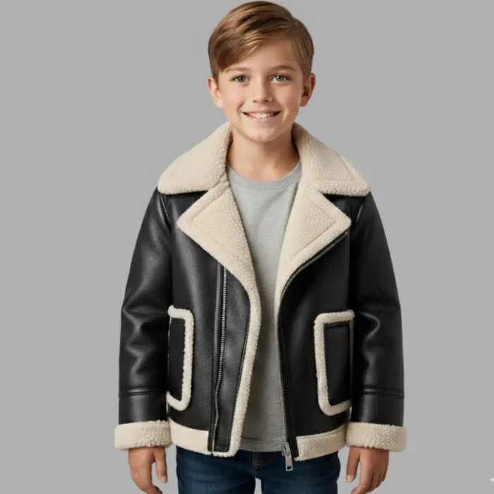 Kid Boy Black Shearling Leather Jacket Real Leather Handmade Winter Warm Outerwear front