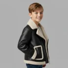 Kid Boy Black Shearling Leather Jacket Real Leather Handmade Winter Warm Outerwear side front