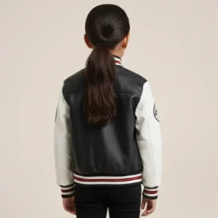 Kids Black Leather Letterman Bomber Jacket back