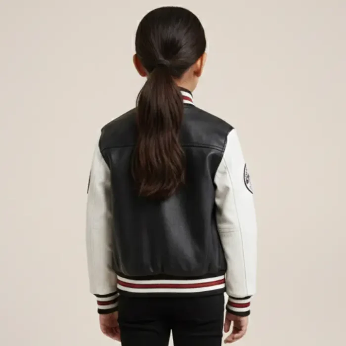 Kids Black Leather Letterman Bomber Jacket back