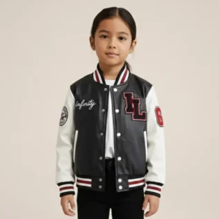 Kids Black Leather Letterman Bomber Jacket front