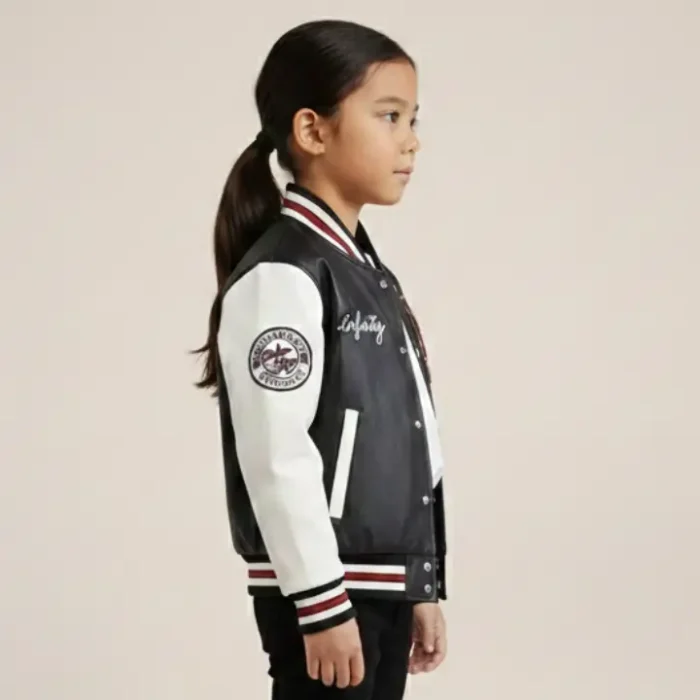 Kids Black Leather Letterman Bomber Jacket side