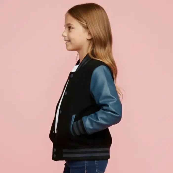 Kids Black Navy Varsity Bomber Jacket side