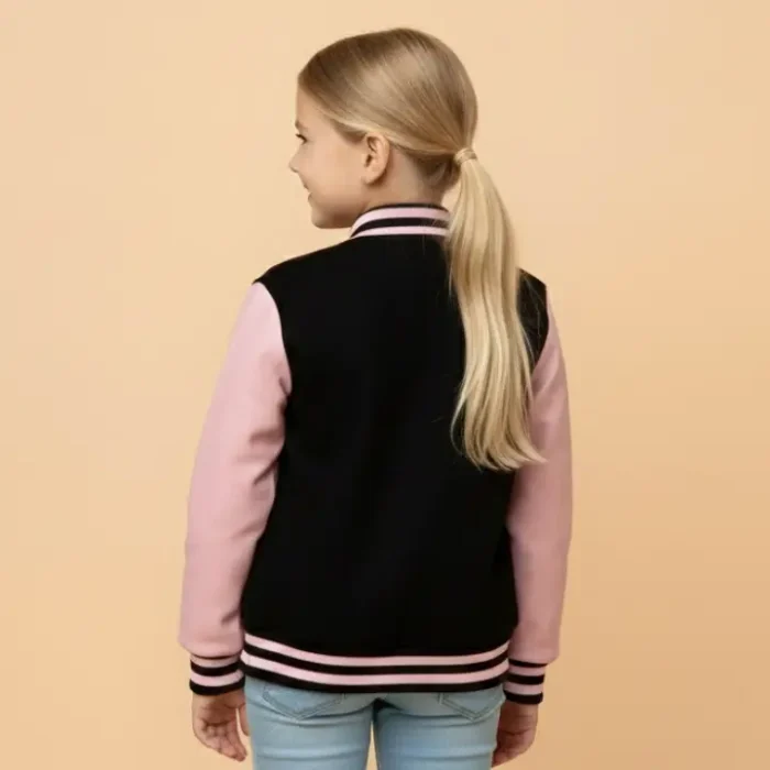 Kids Black Pink Varsity Bomber Jacket back