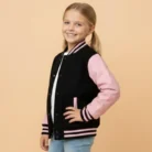 Kids Black Pink Varsity Bomber Jacket front