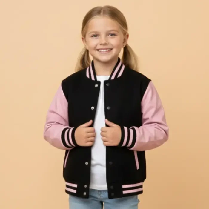 Kids Black Pink Varsity Bomber Jacket side