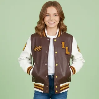 Kids Burgundy Leather Letterman Bomber Jacket front