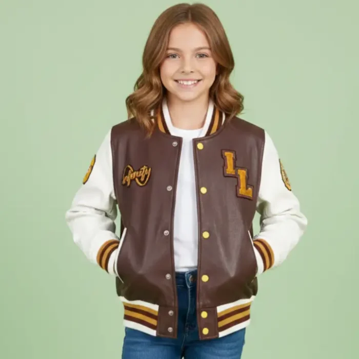 Kids Burgundy Leather Letterman Bomber Jacket front