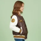 Kids Burgundy Leather Letterman Bomber Jacket side