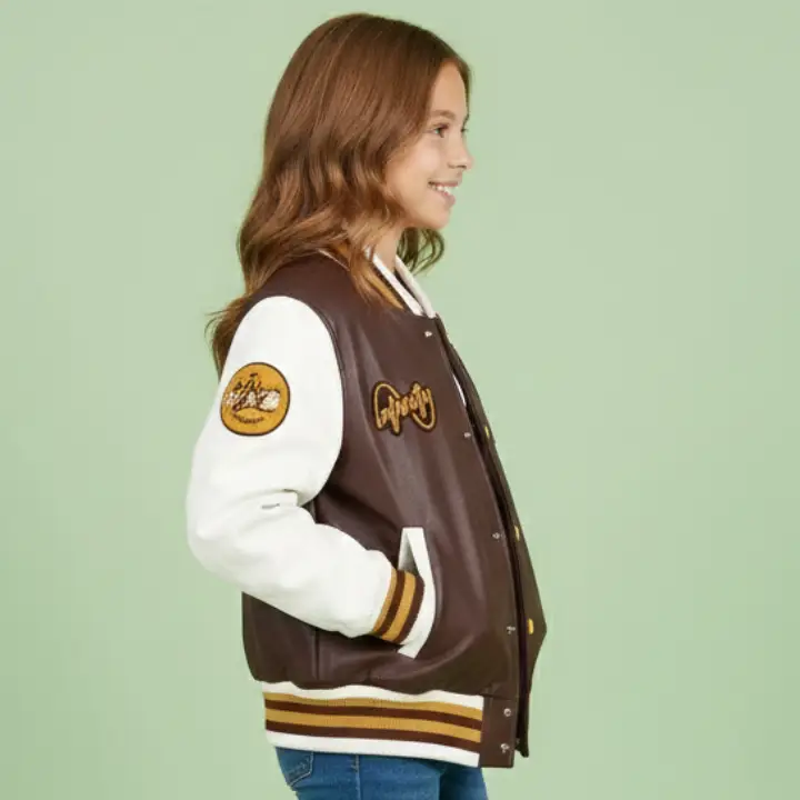 Kids Burgundy Leather Letterman Bomber Jacket side