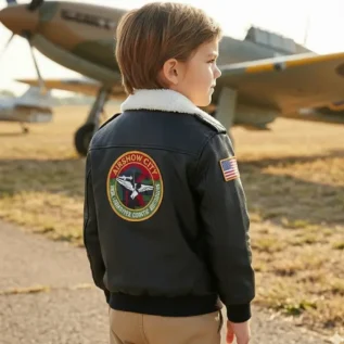 Kids Faux Leather Aviator Jacket with Patches back