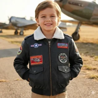 Kids Faux Leather Aviator Jacket with Patches front