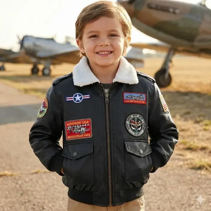 Kids Faux Leather Aviator Jacket with Patches front