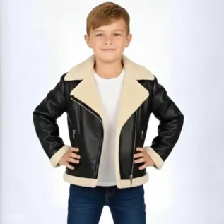 Kids Faux Leather Shearling Jacket Boys Winter Aviator Coat Warm Zip-Up Jacket front