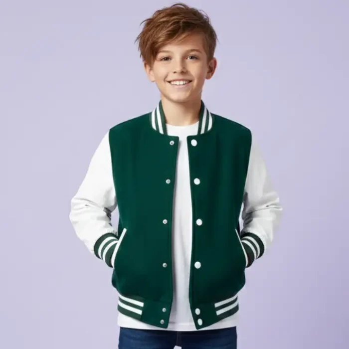 Kids Green White Varsity Bomber Jacket front
