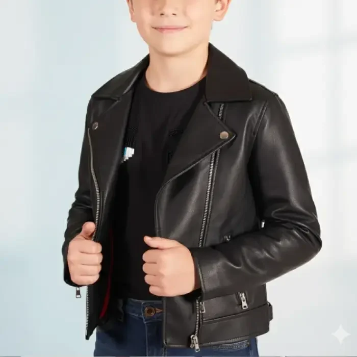 Kid's Leather Biker Jacket lamb leather balck Chiodo baby D'Arienzo front Kid's Leather Biker Jacket lamb leather balck Chiodo baby D'Arienzo front