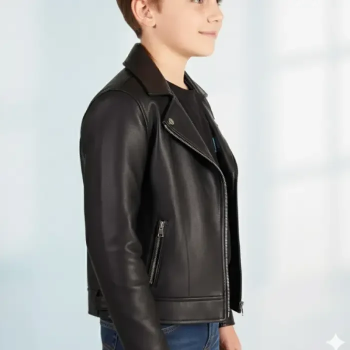 Kid's Leather Biker Jacket lamb leather balck Chiodo baby D'Arienzo side Kid's Leather Biker Jacket lamb leather balck Chiodo baby D'Arienzo side