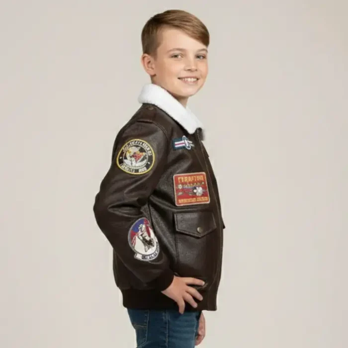 Kids Leather Look A-2 Bomber Jacket Brown side
