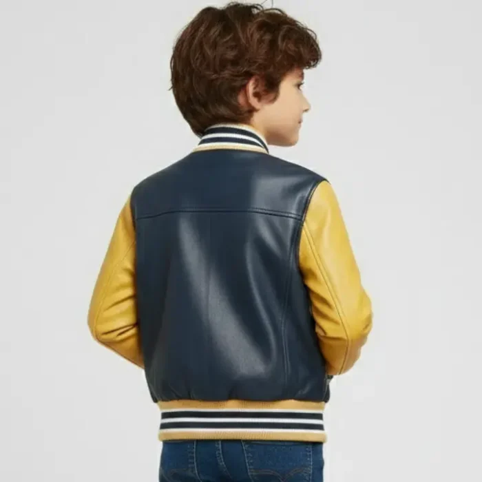 Kids Navy Blue Leather Letterman Bomber Jacket back