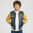 Kids Navy Blue Leather Letterman Bomber Jacket front