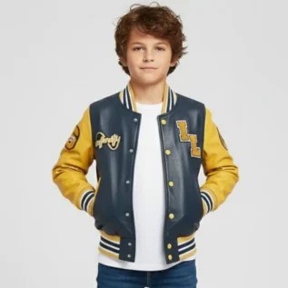 Kids Navy Blue Leather Letterman Bomber Jacket front