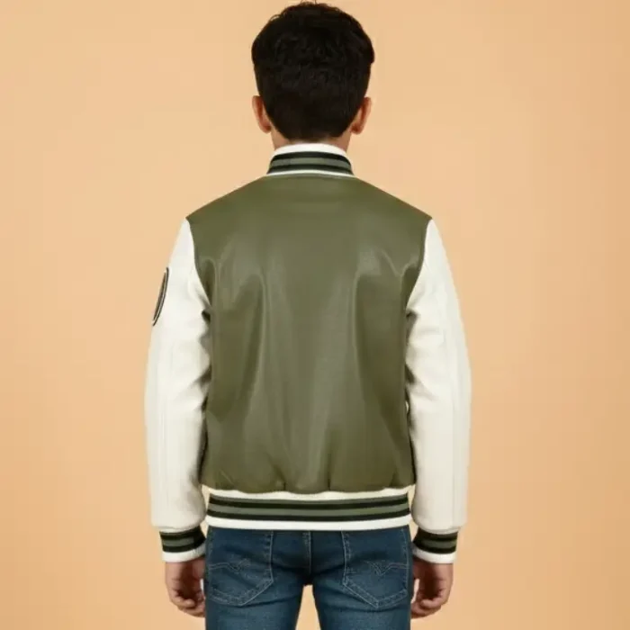 Kids Olive Green Leather Letterman Bomber Jacket back