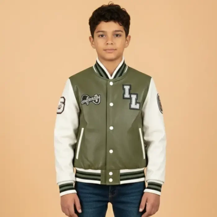 Kids Olive Green Leather Letterman Bomber Jacket front
