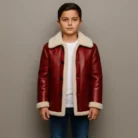 Kids Red Shearling Leather Jacket Winter Warm Christmas Outfit Santa Style Gift front