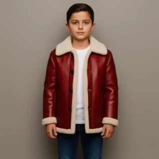 Kids Red Shearling Leather Jacket Winter Warm Christmas Outfit Santa Style Gift front