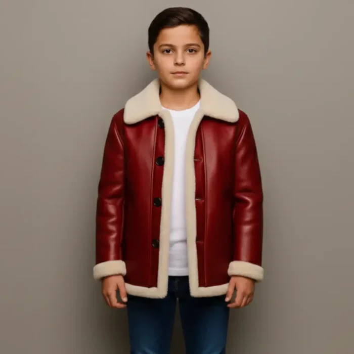 Kids Red Shearling Leather Jacket Winter Warm Christmas Outfit Santa Style Gift front