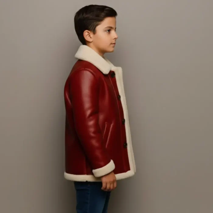 Kids Red Shearling Leather Jacket Winter Warm Christmas Outfit Santa Style Gift side