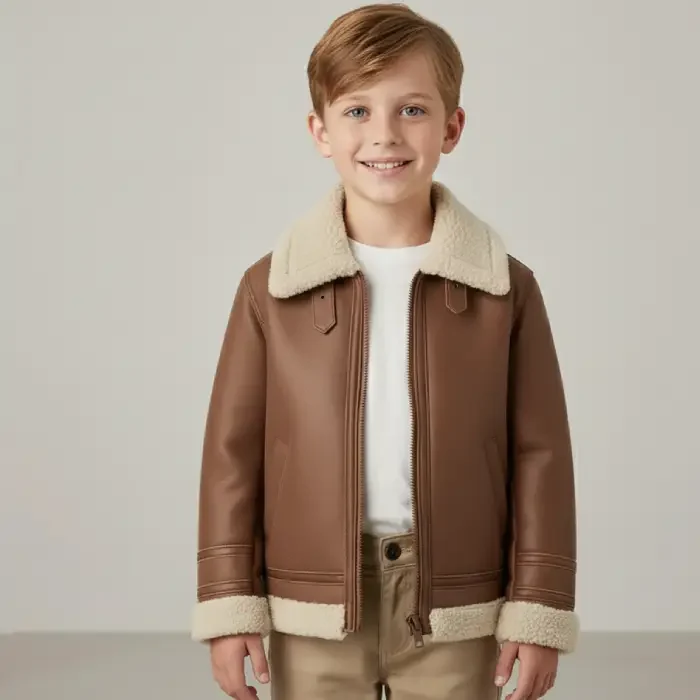 Kids Shearling Brown Leather Jacket Real Leather Handmade Winter Wear front