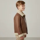 Kids Shearling Brown Leather Jacket Real Leather Handmade Winter Wear side pose